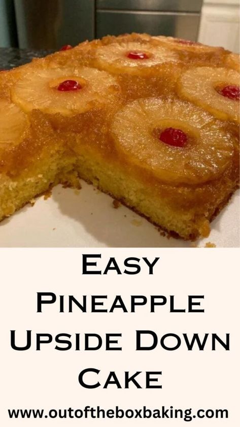 It's so easy to turn a yellow cake mix into this easy Pineapple Upside Down Cake! One can of sliced pineapple rings, 1 cup of brown sugar, some maraschino cherries, and the usual ingredients for a boxed cake mix. . .and you're good to go. Talk about an easy dessert! Easiest Pineapple Upside Down Cake, How To Make Pineapple Upside Down Cake, Pineapple Upside Down Cake Easy, Yellow Cake Pineapple, The Best Pineapple Upside Down Cake, Pineapple Upside Down Cake Box Recipe, Homemade Upside Down Pineapple Cake Recipes, Pineapple Upside Down Cake Mix Recipe, Cake Mix Pineapple Cake