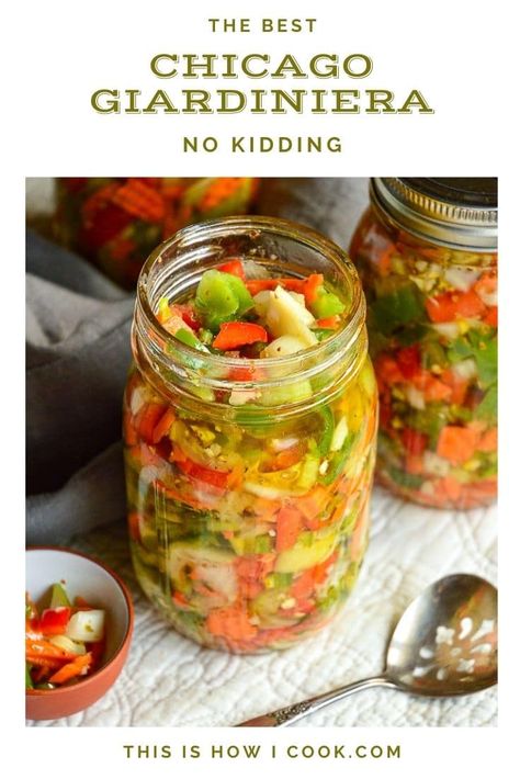 This spicy Italian vegetable relish tastes great on almost anything, though it is a must on Italian Beef or Chicago Style Red Hots! #relish #Italianrecipes #chicagorecipes Hot Giardiniera Recipe, Chicago Style Giardiniera Recipe, Princess Recipes, Giardiniera Recipe, Sweet Banana Peppers, Italian Vegetables, Italian Beef, Pickled Veggies, Pickled Vegetables