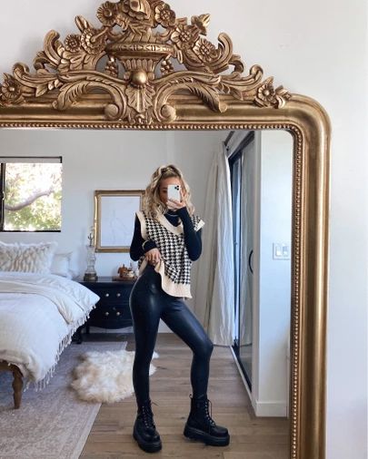 Boots, leggings, faux leather leggings, sweater vest Size M vest, size XS leggings, sized down a half size in the boots! @liketoknow.it #liketkit http://liketk.it/31TYT #LTKshoecrush #LTKstyletip #LTKunder100 Nyc Winter Fashion, Houndstooth Sweater Vest, Sweater Vest Outfit, Leather Leggings Outfit, Houndstooth Sweater, Cold Outfits, Epilator, A Mirror, Autumn Outfit