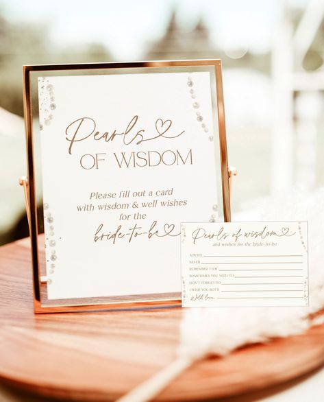 This Pearls of Wisdom Sign features watercolor pearls to add some fun to your Pearls and Prosecco Bridal Shower or special event! After you place your order, you will receive an email from Templett with access to your self-editable template where you will be able to customize all your own details! (Please ensure the email linked to your Etsy account is up to date.) Templett is an online application editor that allows you to completely personalize your printable directly in your browser. Great ne Bridal Shower Theme Unique, Pearls And Bows Bridal Shower Theme, Pearls And Prosecco Engagement Party, Pearls Prosecco Bridal Shower Theme, Pearls And Persecco Bridal, Petals And Pearls Theme, Champagne And Pearls Bridal Shower Theme, A Little Pearl Is On The Way, Pearl Themed Bridal Shower