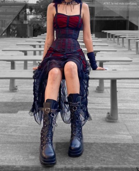 Punk Dress Aesthetic, Sheer Night Gown Outfit, Emo Formal Dress, Alt Homecoming Outfit, Punk Formal Dress, Palaye Royale Concert Outfit, Alternative Dress Outfit, Red And Blue Outfit Aesthetic, Alt Prom Outfits