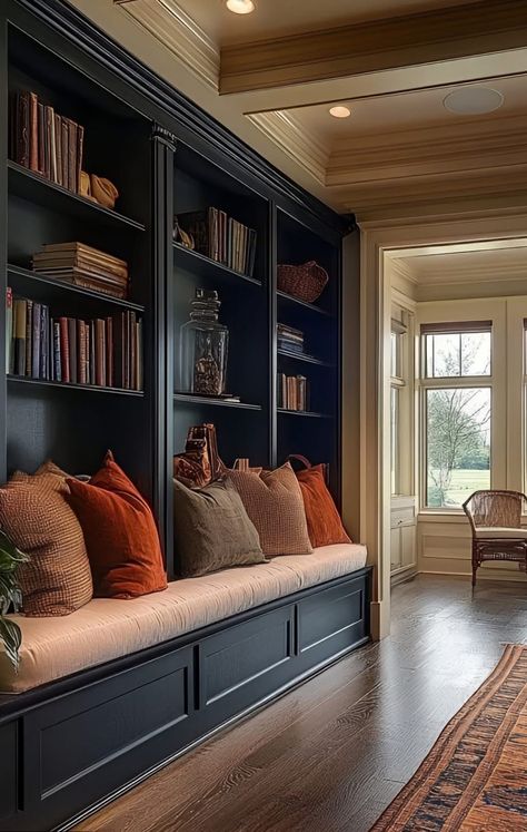 Library Wall With Tv In Living Room, Living Room Built Ins With Cabinets, Living Room Custom Built Ins, Millwork Living Room, Tv In Bookcase Beside Fireplace, Full Height Built In Bookcase, Bookshelf Surrounding Fireplace, Paneled Family Room, Built In Book Cases Living Room