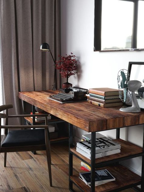 Wooden Desk Chairs, Wood Desks, Industrial Chic Decor, Reclaimed Wood Desk, Home Office Inspiration, Decor Ikea, Home Office Space, Wooden Desk, Decor Minimalist