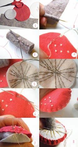 NANCY NICHOLSON: Tutorials for Christmas No.5 ... Toadstool Felt Mushroom Pattern, Felt Toadstool, Toadstool Ornaments, Hantverk Diy, Felt Mushroom, Mushroom Crafts, Felt Food, Creation Couture, Felt Toys