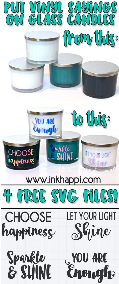 Circut Vinyl: I'm excited to share these vinyl sayings on glass candles using Cricut Design Space and some adorable SVG files I'm sharing with you to complete the project . Cricut Candles, Cricut Free Svg Files, Vinyl Sayings, Glass Candles, Diy Unicorn, Using Cricut, Projets Cricut, Dollar Store Hacks, Vinyl Quotes