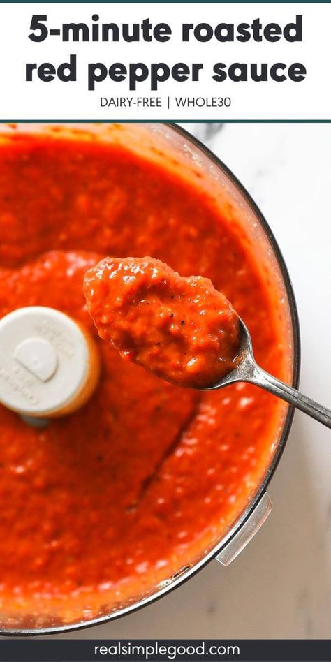 This creamy, blended 3-ingredient roasted red pepper sauce is completely dairy-free. Ripe avocado replaces heavy cream, and a jar of roasted peppers is used for ease and convenience! Use this versatile sauce as a dip or dressing, or spread it on burgers and sandwiches for added flavor. Ready within 5 minutes using high-powdered blender (or food processor). | Real Simple Good via @realsimplegood Red Pepper Puree, Red Pepper Sandwich, Red Pepper Sauce Recipe, Roasted Pepper Sauce, Roasted Red Pepper Sauce, Processor Recipes, Red Pepper Sauce, Sauces And Dressings, Roasted Red Pepper