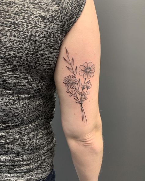 Floral Bundle Tattoo, Bunches Of Flowers Tattoo, Flower Bunch Tattoo, Flower Boquettes Tattoos, Tattoo Therapy, Flowers Tattoos, Flower Bouquet Tattoo, Flower Tat, Bouquet Tattoo