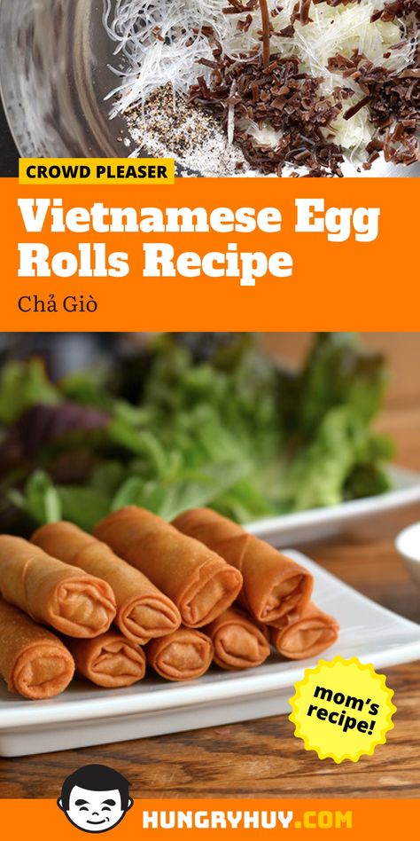 Vietnamese Egg Rolls Recipe (Chả Giò) Vietnamese Egg Rolls Recipe, Vietnamese Platter, Cha Gio Recipe, Vietnamese Fried Rice, Shrimp And Mushrooms, Vietnamese Fried Spring Rolls, Vietnamese Egg Rolls, Lumpia Recipe, Egg Rolls Recipe