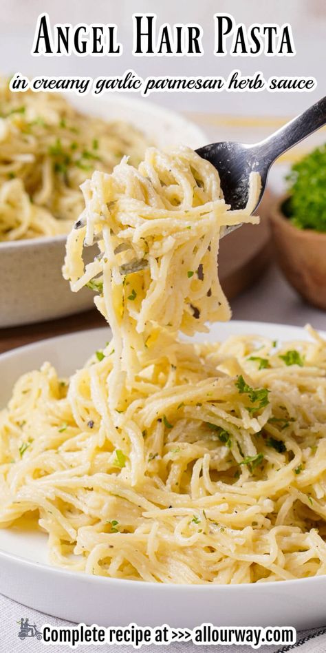 Angle Hair Pasta Recipes, Creamy Angel Hair Pasta, Angel Hair Recipes, Creamy Chicken Pasta Bake, Garlic Herb Sauce, Pasta With Herbs, Pasta Roni, Angel Hair Pasta Recipes, Italian Dinners