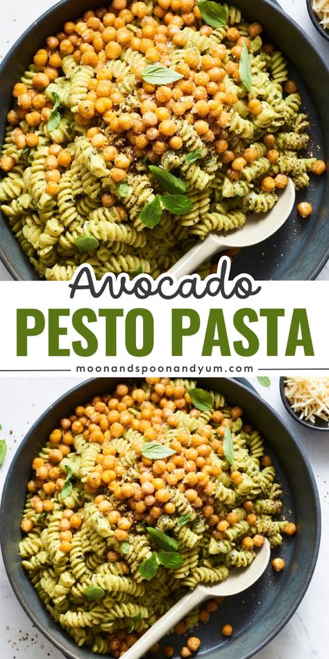 A weeknight dinner recipe for an easy avocado pesto pasta! In under 30 minutes, you can have a pasta dinner idea with a creamy avocado pesto sauce. This healthy, delicious home-cooked meal is also vegan, dairy-free, vegetarian, nut-free, and soy-free with a gluten-free option! Pesto Chickpea, Garlic Chickpeas, Pesto Pasta Recipe, Avocado Pesto Pasta, Crispy Garlic, Vegetarian Recipes Lunch, Vegetarian Instant Pot, Pesto Pasta Recipes, Vegetarian Meal Prep