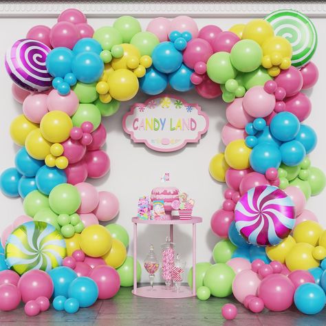 PRICES MAY VARY. 🍭🍭[CANDYLAND PARTY DECORATIONS] Rainbow-colored candy land balloon garland can add a sweet touch to your party decorations. Create a magical candy wonderland with the garland's colorful latex balloons and candy foil balloons. 🍭🍭[VALUE PACK] This candyland balloon garland contains 2 sizes latex balloons in pink, purple, flamingo red, lake blue and fruit green for a total of 180pcs, 4pcs candy foil balloons in different colors, one balloon arch ,one roll balloon ribbon and one Candyland Party Decorations, Sweet One Birthday, Candy Theme Birthday Party, Candy Balloons, Candy Themed Party, Candy Land Birthday Party, Candy Birthday Party, Birthday Garland, Outdoor Birthday