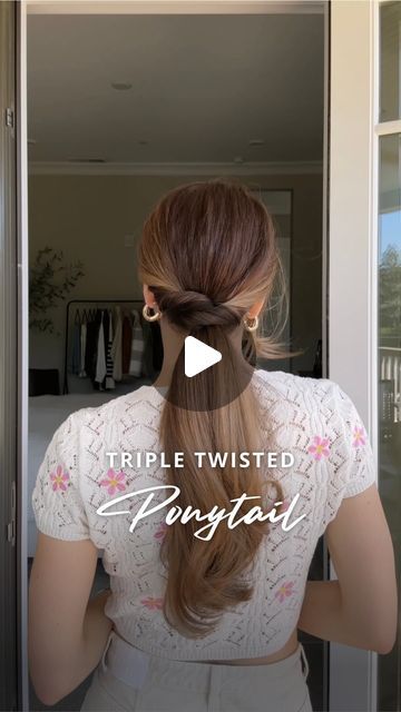 Nichole Ciotti on Instagram: "Triple Twisted Ponytail 💛  Create three equal low ponytails and secure each of them with a clear elastic. On one of the outside ponytails, create an opening above the elastic and flip the ponytail through it. Insert your thumb and index finger through the opening from the bottom. Wrap it over the middle ponytail. Gently pull the outside of both ponytails to tighten. Repeat on the other outside ponytail. I love this hack for upgrading a basic ponytail!   #hair #hairtutorial #updo #hairstyles" 3 Ponytail Hairstyle, Three Ponytail Hairstyle, How To Wrap Hair Around Ponytail, Crossover Ponytail, Twist Ponytail Hairstyles, Ponytail Ideas For Short Hair, Pony Hairstyles For Short Hair, Ponytail Tricks, Easy Ponytail Hairstyles For Long Hair