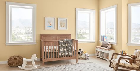 Pale honey by Behr Nursery Ideas Yellow Walls, Yellow Wall Nursery, Soft Yellow Nursery, Pale Yellow Nursery, Yellow Nursery Ideas, Yellow Nursery Walls, Yellow Boy Nursery, Yellow Baby Room, Yellow Kids Rooms