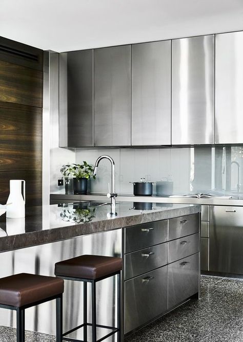 Caution: These 8 Stainless Steel Kitchen Cabinet Ideas Are Blindingly Beautiful | Hunker Stainless Steel Kitchen Design, Kitchen Cabinets Design, Stainless Steel Kitchen Cabinets, Steel Kitchen Cabinets, Kitchen Island Bench, Cabinets Design, Refacing Kitchen Cabinets, New Kitchen Cabinets, Modern Kitchen Cabinets