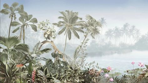 Bay Isle Home Elkhorn Retro Jungle Lake Landscape Wall Mural | Wayfair Ocean Mural, Landscape Wall Mural, Jungle Mural, Beach House Interior Design, Wallpaper For Wall, Wallpaper Project, Textile Wall Art, Beach House Interior, Lake Landscape