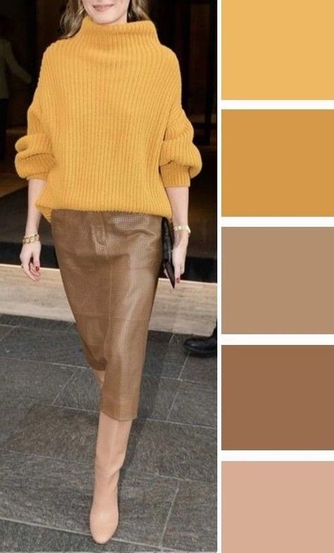 Camel Color Outfits, Yellow Sweater Outfit, Mustard Yellow Outfit, Color Outfits, Colour Combinations Fashion, Color Combos Outfit, Colour Wheel, Skirt Outfits Fall, Color Blocking Outfits