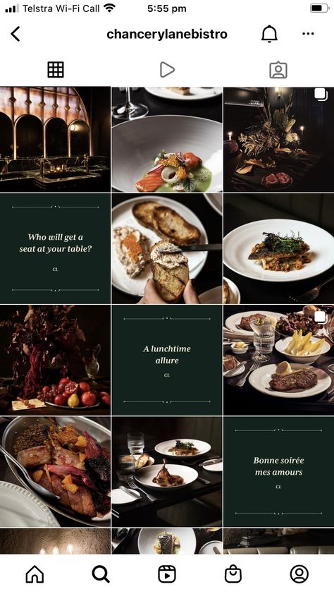 Fine Dining Social Media Design, Fine Dining Instagram Feed, Restaurant Feed Ideas, Food Photography Mood Board, Steakhouse Instagram Feed, Aesthetic Food Instagram Feed, Instagram Grid Restaurant, Luxury Restaurant Instagram Feed, Restaurant Feed Design