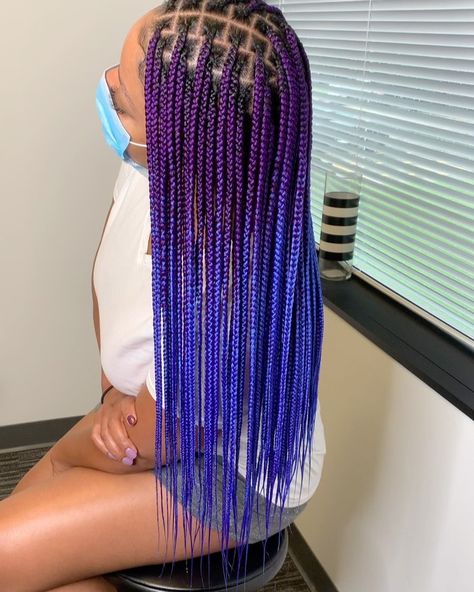 💛🖤Braids by Nastassja🖤💛 on Instagram: “💜💙Purple Rain💜💙 —————————————————————— •Medium KNOTLESS + Lower Back —————————————————————— •Braid Down: @_styledbykaylah…” Blue And Black Braids, Braids Medium, Medium Knotless, Lavender Hair Colors, Colored Box Braids, Purple Braids, Individual Braids, Short Box Braids Hairstyles, African Hair Braiding Styles