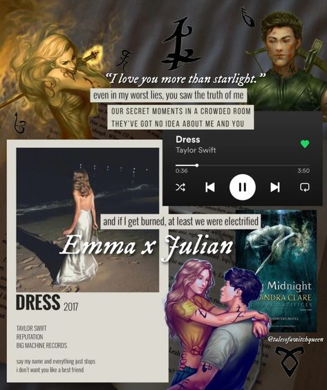 IG: talesofawitchqueen &&& shadowhunters ships as Taylor Swift songs &&& dress by taylor swift aesthetic and lyrics along with lady midnight book cover, character fan art (Emma Carstairs & Julian Blackthorn (Jemma)), quotes and aesthetic. Lady Midnight Aesthetic, Dress Taylor Swift Lyrics Aesthetic, Emma And Julian Fan Art, Emma Carstairs Aesthetic, Dress By Taylor Swift, Emma And Julian, Instruments Wallpaper, Julian Blackthorn, Emma Carstairs