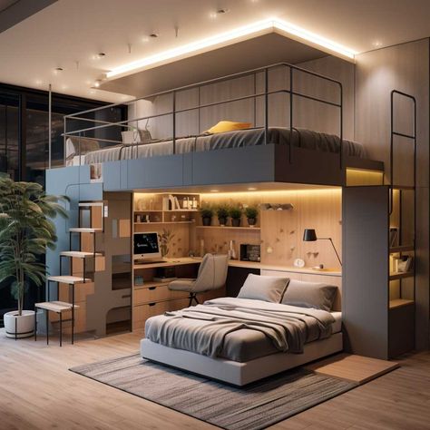 Loft Bed Ideas For Small Rooms, Loft Beds For Teens, Loft Beds For Small Rooms, Loft Style Bedroom, Beds For Small Rooms, Modern Kids Bedroom, Boy Bedroom Design, Bunk Bed Designs, Teen Boy Bedroom