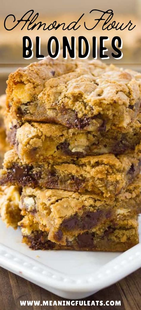 5 almond flour blondies swirled with chocolate chips stacked onto of each other Almond Flour Blondies, Almond Flour Recipes Desserts, Chocolate Chip Blondies Recipe, Chocolate Chunk Blondies, Best Blondies, Best Blondies Recipe, Almond Flour Desserts, Blondie Recipe, Cheesecake Oreo