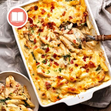 Creamy Tuscan Chicken Pasta Bake Easy Chicken Pasta Bake, Creamy Chicken Pasta Bake, Baked Chicken Pasta Recipes, Chicken Panini Recipes, Panini Recipes Chicken, Tuscan Pasta, Recipe Tin Eats, Pork Casserole, Tin Eats