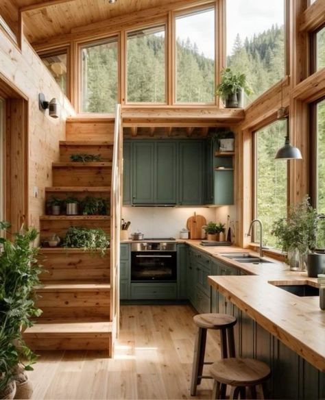 Wood And Green Cabinets, Green Scenery, Tiny House Inspiration, Green Cabinets, Tiny House Interior, Tiny House Cabin, Tiny House Living, Tiny House Plans, Loft Spaces