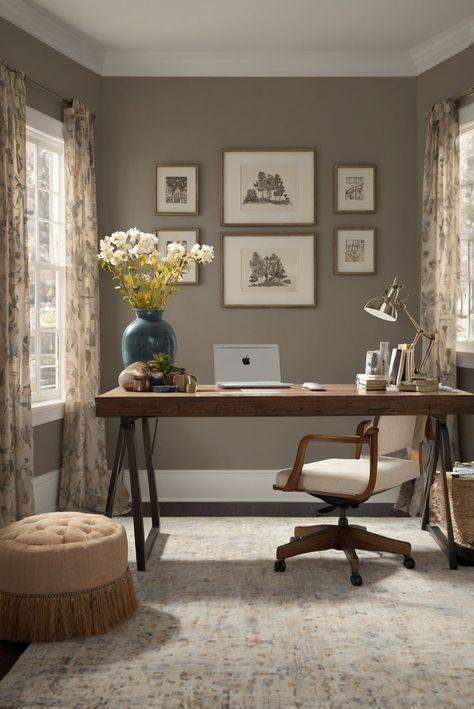 home office design, 

office interior design, 

neutral office decor, 

workspace color scheme Neutral Office Colors, Calming Office Colors, Neutral Office Paint Colors, Home Office Color Scheme, Monochromatic Office, Office Color Ideas, Taupe Office, Taupe Living Room, Home Office Dark