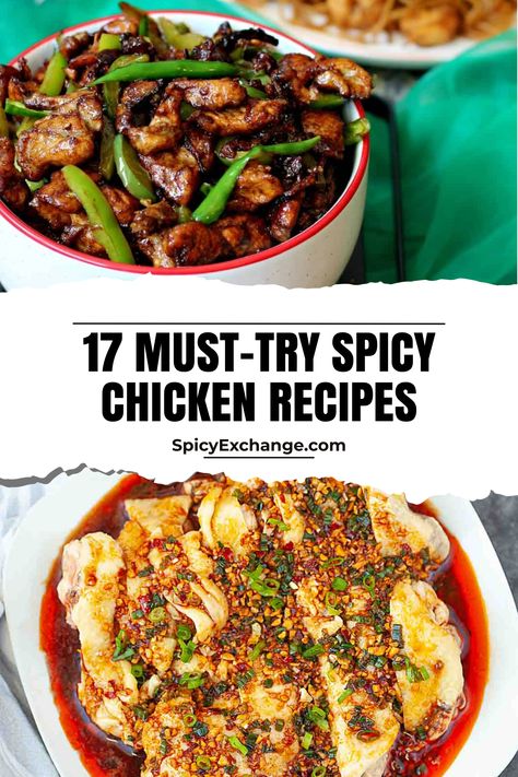 two photos of chicken meals with text "17 must-try spicy chicken recipes". Spicy Recipes Dinner, Spicy Meal Prep, Crunchy Fried Chicken, Achari Chicken, Blackened Chicken Recipe, Fried Chicken Sandwiches, Spicy Dinner Recipes, Harissa Chicken, Spicy Chicken Recipes