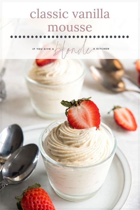 Looking for a dessert that you can make ahead of time? Try this simple vanilla mousse. It has a delicious vanilla bean flavor with a light and fluffy texture. It’s the perfect dessert for small dinner parties! Vanilla Mousse Recipe, Moose Dessert, Vanilla Bean Mousse, Vanilla Bean Recipes, Mousse Recipes Easy, Vanilla Desserts, White Chocolate Shavings, Vanilla Mousse, Homemade Custard