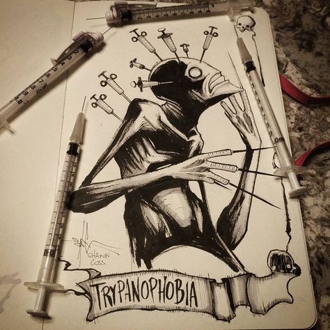 8,249 Likes, 192 Comments - Shawn Coss (@shawncoss) on Instagram: “Trypanophobia - day 2 of #inktober / #feartober . All month I'm creating art depicting a new…” Fear Of Needles Drawing, Fear Of Needles, Shawn Coss, Art Sinistre, Horror Drawing, Creepy Drawings, Drawing Things, Emo Art, Cross Art