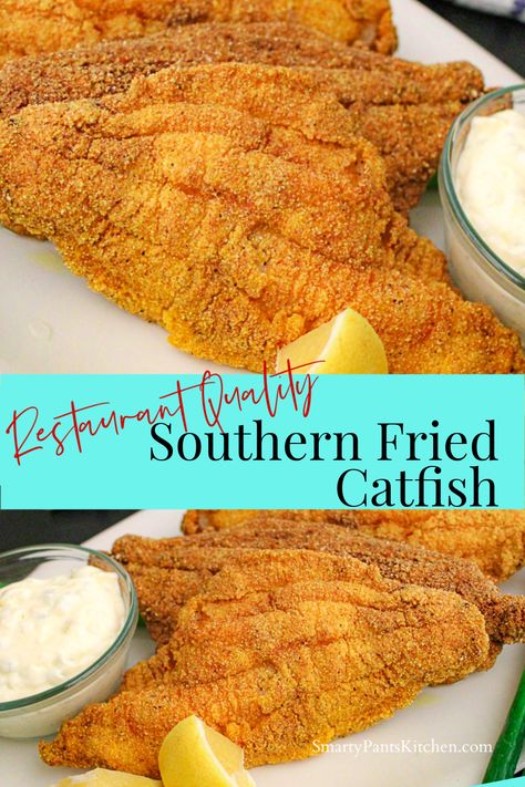 Catfish filets on white plate garnished with lemons Fried Catfish Recipe, Fried Catfish Recipes, Catfish Recipe, Southern Fried Catfish, Seafood Dish Recipes, Catfish Recipes, Fish Dinner Recipes, Southern Recipes Soul Food, Fried Catfish