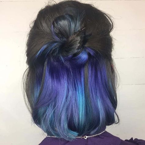 Blue Hair Balayage, Ombre Hair At Home, Red Hair With Blonde Highlights, Underlights Hair, Red Blonde Hair, Dark Blue Hair, Hair Length Chart, Peekaboo Hair, Hair Color Crazy