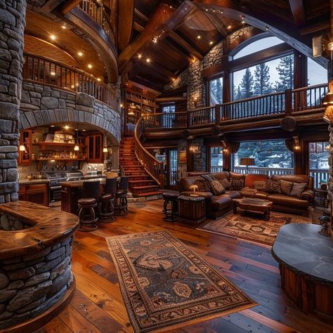 Log Cabin Ideas Interiors, Rustic Home Interiors Living Room, Timber House Interior Design, Large Cabin In The Woods, Big Cabin Houses, Log Cabin Basement, Luxury Cabin Homes, Big House In The Woods, Wooden House Exterior