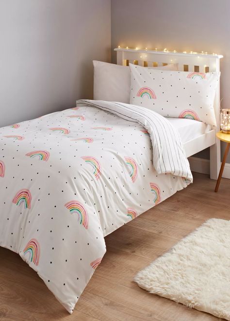 Kids 100% Cotton Rainbow Duvet Cover (Single) – Pink – Matalan Aurora Bedroom, Girls Rainbow Bedroom, Rainbow Bedroom, Big Girl Bedrooms, Toddler Girl Room, Rainbow Room, Magical Rainbow, Dekorasi Kamar Tidur, Toddler Bedrooms