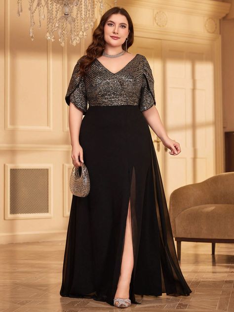 Black  Collar Short Sleeve Chiffon Colorblock A Line Embellished Non-Stretch  Weddings & Events Plus Size Embellished Dress, Plus Dresses Formal, Plus Size A Line Dress Formal, Elegant Dresses For Plus Size Women, Winter Mother Of The Bride Dresses, Plus Size Gala Dress, Plus Size Fashion For Women Indian, Plus Prom Dresses, Long Black Dress Formal