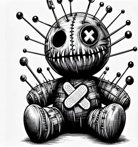 Creepy Horror Drawing, Matching Voodoo Doll Tattoo, Voodoo Doll Coloring Pages, Traditional Voodoo Doll Tattoo, Voodoo Tattoo New Orleans, Voodoo Doll Tattoos, Voodoo Doll Drawing, Art Sinistre, Voodoo Doll Tattoo