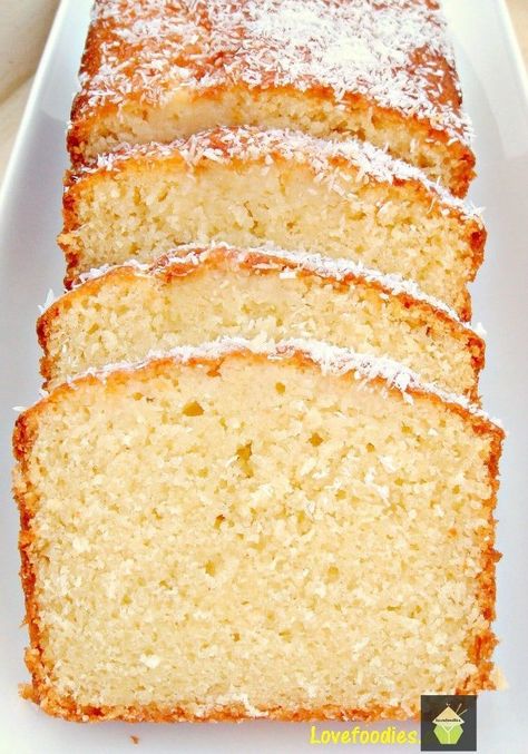 Moist Coconut Pound Loaf Cake. Light, soft, and oh sooooo delicious! | Lovefoodies.com Coconut Flour Pound Cake, Pound Loaf Cake, Coconut Pound Cake Recipe, Coconut Pound Cake, Coconut Pound Cakes, Cake Light, Loaf Cake Recipes, Pound Cake Recipe, Oreo Dessert