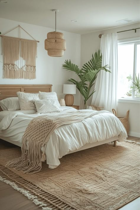 Boho Coastal Bedroom, Modern Boho Bedroom, Earthy Bedroom, Neutral Bedrooms, Boho Style Bedroom, Modern Luxury Bedroom, Dekorasi Kamar Tidur, Boho Bedroom Decor, Room Makeover Bedroom