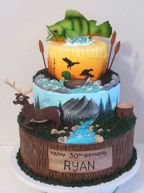 All edible (other than the cat tails). Airbrushed and hand painted details. :) Duck Hunting Cakes, Hunting Birthday Cakes, Hunting Cake, Hunting Birthday, Tiered Cake, Fish Cake, Cakes For Men, Grooms Cake, Occasion Cakes