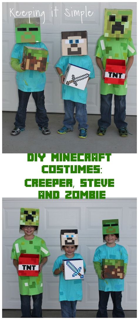 DIY Minecraft Costumes- Creeper, Steve and Zombie.  Tutorial on how to make them into a mask or a hat and with a treat box. Zombie Diy, Minecraft Blueprint, Creeper Costume, Last Minute Kostüm, Zombie Costumes, Costumes Faciles, Mobs Minecraft, Diy Costumes Kids Boys, Costume Zombie