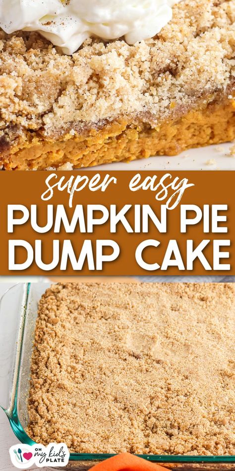 Easy, creamy pumpkin pie dump cake will become your new favorite dessert! Creamy pumpkin pie layered with a buttery cake crumble layer, then top it all with whipped cream or ice cream. Yum! Pumpkin Pie Dump Cake, Easy Pumpkin Dump Cake, Cake Crumble, Creamy Pumpkin Pie, Pumpkin Dump Cake Recipe, Pumpkin Dump, Boxed Cake Mixes Recipes, Pumpkin Crunch, Dump Cake Pumpkin