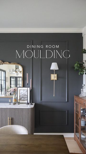 Moulding Accent Wall Dining Room, Moody Gray Dining Room, Paneled Accent Wall Dining Room, Contemporary Traditional Dining Room, Dining Room Wall Trim Design, Moulding In Dining Room, Navy Dining Room Accent Wall, Sw Peppercorn Dining Room, Box Molding On Walls With Windows