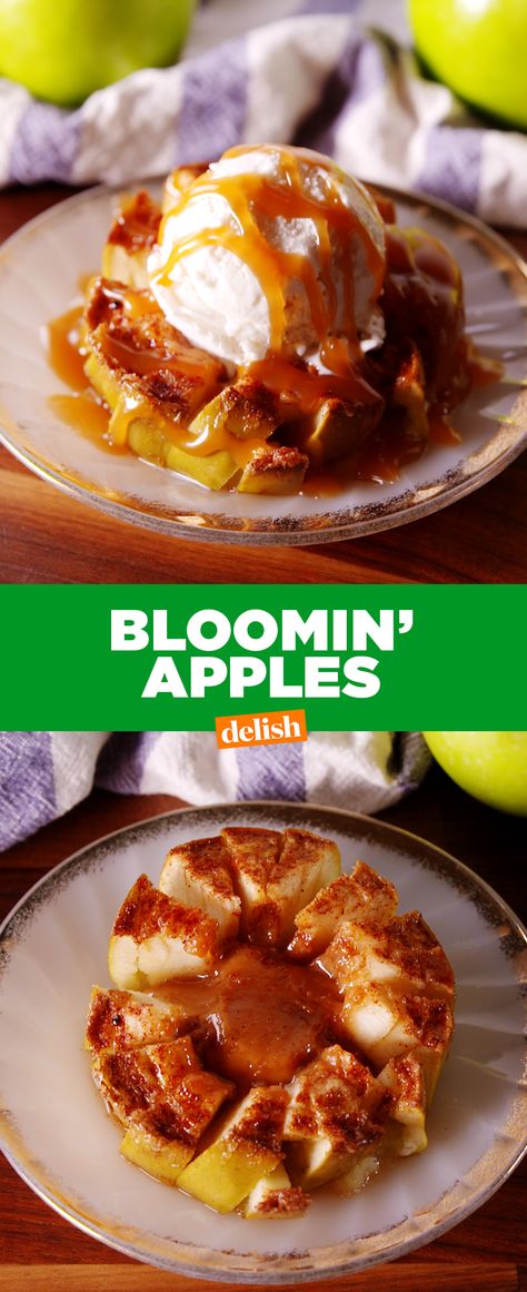 The caramel drizzle on these Bloomin' Apples will make you believe in love again. Get the recipe from Delish.com. Bloomin Apple Recipe, Blooming Apple Recipe, Bloomin Apples, Blooming Apple, Apple Dishes, Fruity Treats, Apple Dessert, Green Apples, Apple Pies