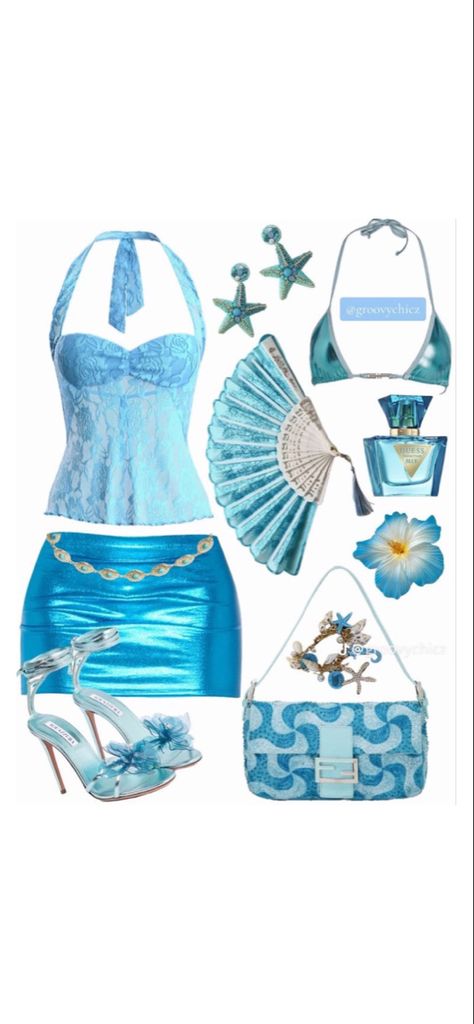 Lace teal top, teal metallic skirt, seashell metal and turquoise belt, teal and turquoise bag, teal shoes with flower, teal metallic bikini, teal starfish earrings, cute summer and beach outfit that gives off mermaid out of the water vibes Aquamarine Outfit Ideas, Aqua Outfits For Women, Blue Beach Outfit Aesthetic, Aquatic Outfit Ideas, Water Aesthetic Outfit, Mermaid Inspired Outfits Casual, Aquarius Outfits Aesthetic, Pisces Aesthetic Outfit, Ocean Inspired Outfits