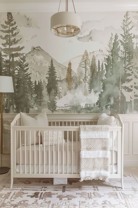 Create a beautiful, gender-neutral baby room with our timeless nursery decor ideas. Classic and simple themes meet vintage flair in wallpapers that set a soothing backdrop. Traditional elements ensure the space remains elegant and adaptable, perfect for welcoming your new arrival in style. Forest Decal, Timeless Nursery, Wallpaper Mountain, Mountain Nursery, Peel And Stick Wall Mural, Mountain Decor, Tree Nursery, Chinoiserie Wallpaper, Rainbow Wallpaper