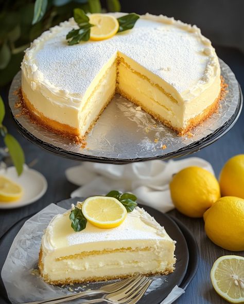 Lemon Custard Cake - Greenku Recipes Lemon Custard Filling, Lemon Custard Cake, Lemon Custard Pie, Custard Flan, Custard Cake Recipes, Lemon Cheesecake Recipes, Custard Desserts, Lemon Custard, Lemon Cake Recipe