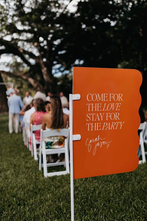 Wave Edge Wedding Welcome Sign Acrylic Orange Wedding Signage, Wedding In Front Of House, Wedding Welcome Sign Colorful, Colorful Wedding Signs, Retro Wedding Sign, Orange Wedding Stationery, Orange Welcome Sign, Wedding Signage Design, Contemporary Wedding Decor