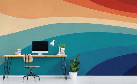 Inspired by Kortney Wilson's vision, Vintage Rainbow Wall Mural is a perfect blend of nostalgia and modern design. This abstract rainbow mural evokes a sense of timeless beauty with its vintage color palette, featuring coral, tangerine, mustard, cream, teal, sapphire and navy. Whether you're looking to infuse a touch of retro elegance or longing to add a unique and stylish statement to your room, Vintage Rainbow Wall Mural is the ideal choice. Available in both removable peel-and-stick and perma Rainbow Accent Wall Paint, Wall Murals Painted Landscape, Retro Wall Stripes Paint Ideas, Easy Murals To Paint Accent Walls, Earth Tone Rainbow Color Palette, Office Murals Workspaces, Colorful Wall Design, Retro Wall Murals Painted, Statement Wall Paint