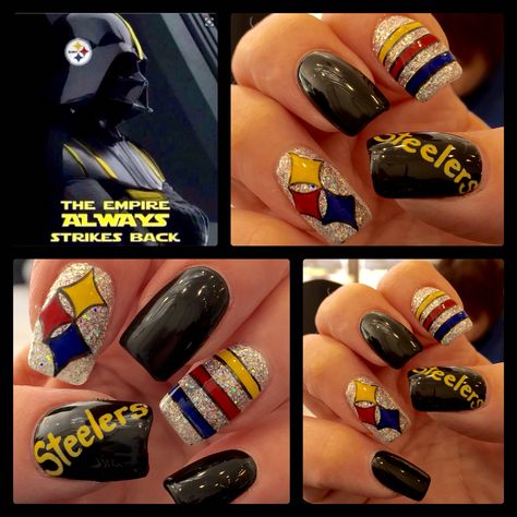 Pittsburgh Steelers Nail Designs, Pittsburgh Steelers Nails, Steelers Nails Designs, Steelers Nails, Nfl Nails, Football Nail Designs, Pedi Designs, Football Nails, Steelers Girl